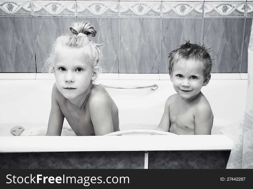 Young children sister and brother in bathroom. Young children sister and brother in bathroom