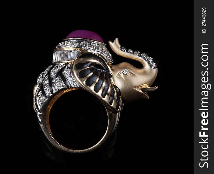 Elephant in Diamond ring in a row on black background
