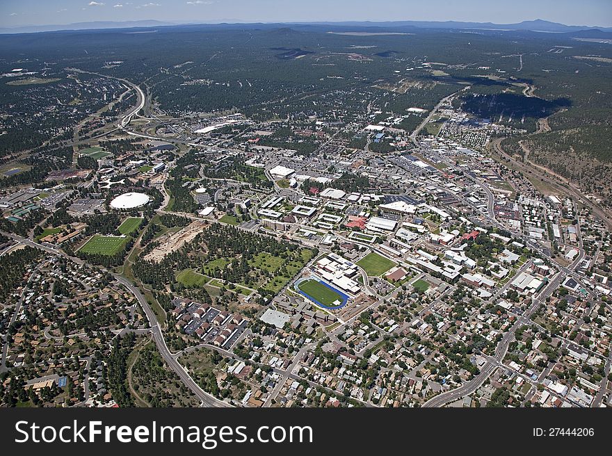 Aerial view of Northern Arizona University and Flagstaff, Arizona