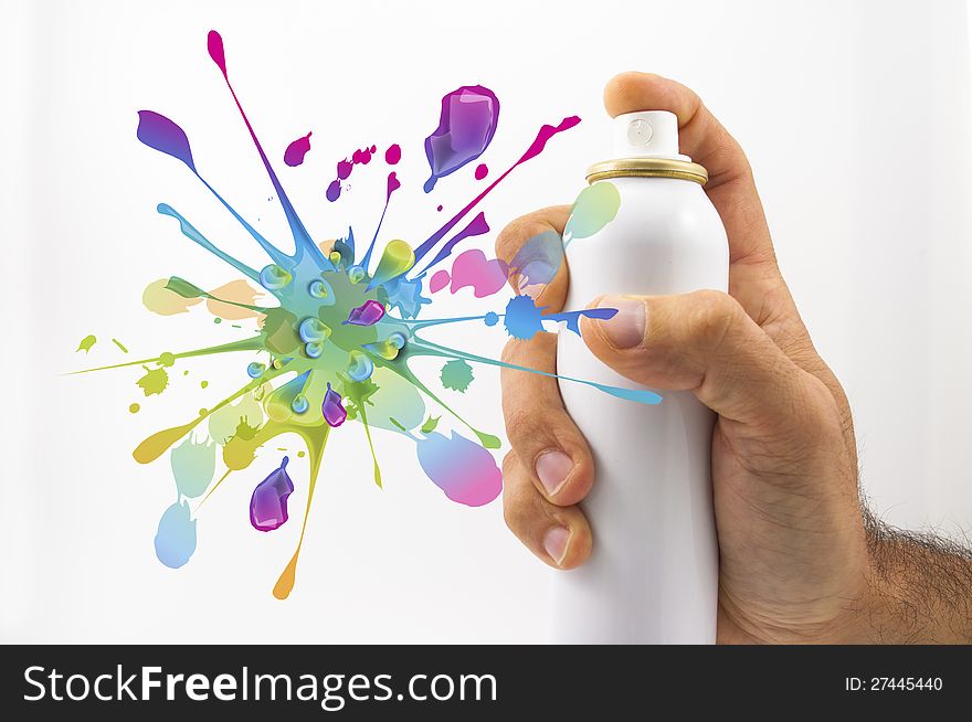 Spraying with paint and colored splash in white background