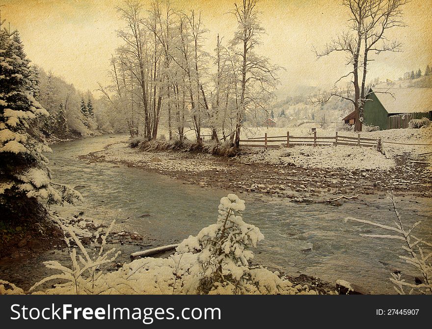 Winter landscape in the carpathians mountains. vintage paper .