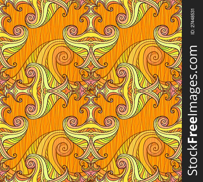 Orange seamless abstract hand-drawn pattern, waves background