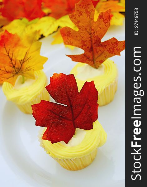 Lemon Cupcake With Maple Leaf Decoration