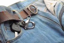 Car Key Ring And Blue Jeans Stock Photo