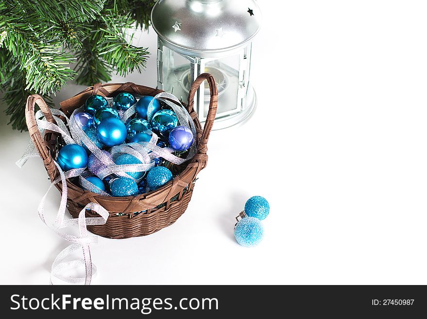Christmas decoration with blue balls and lantern