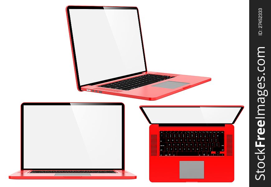 Set of Red Modern Laptops. Isolated on White.