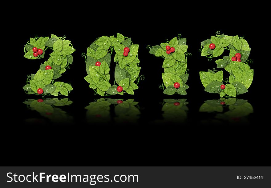 New year 2013. Date lined green leaves