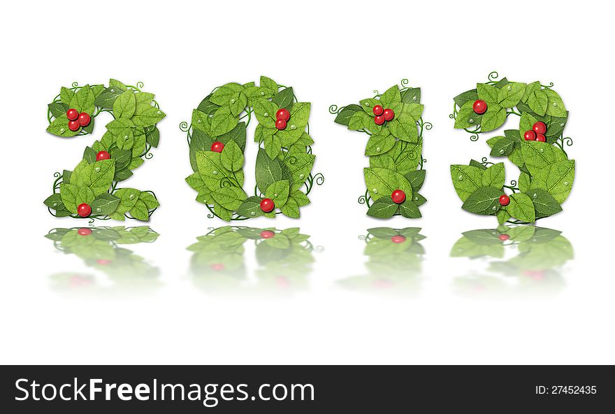New year 2013. Date lined green leaves with red berry and drops of dew. On white background. New year 2013. Date lined green leaves with red berry and drops of dew. On white background