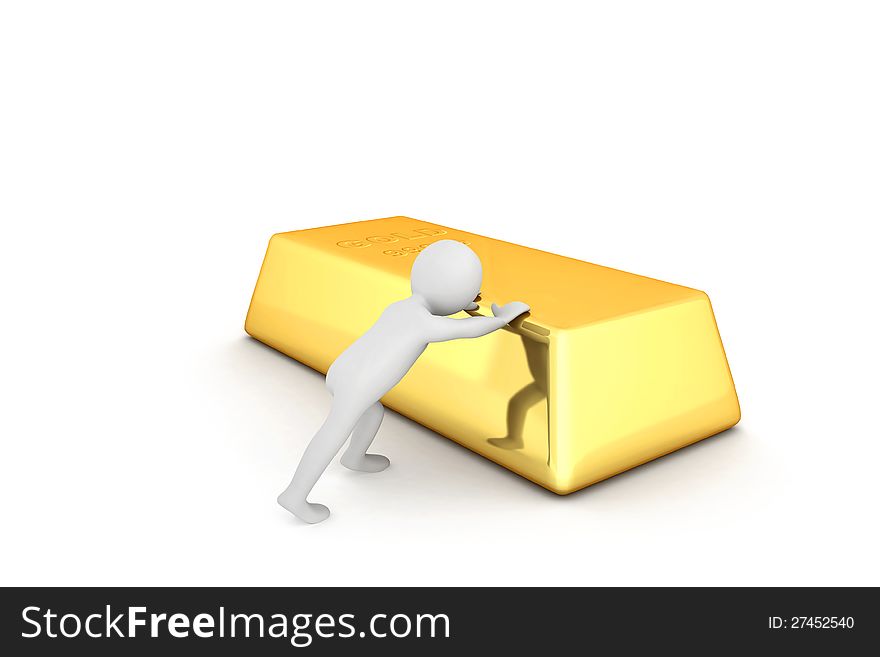 3d small person tries to budge the gold bar. 3d small person tries to budge the gold bar