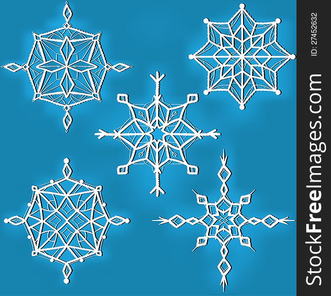 Set of ornate snowflakes against blue background. Christmas, winter, new year vector elements