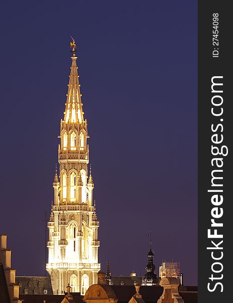 Brussels city hall tower beautifully illuminated at night. Brussels city hall tower beautifully illuminated at night