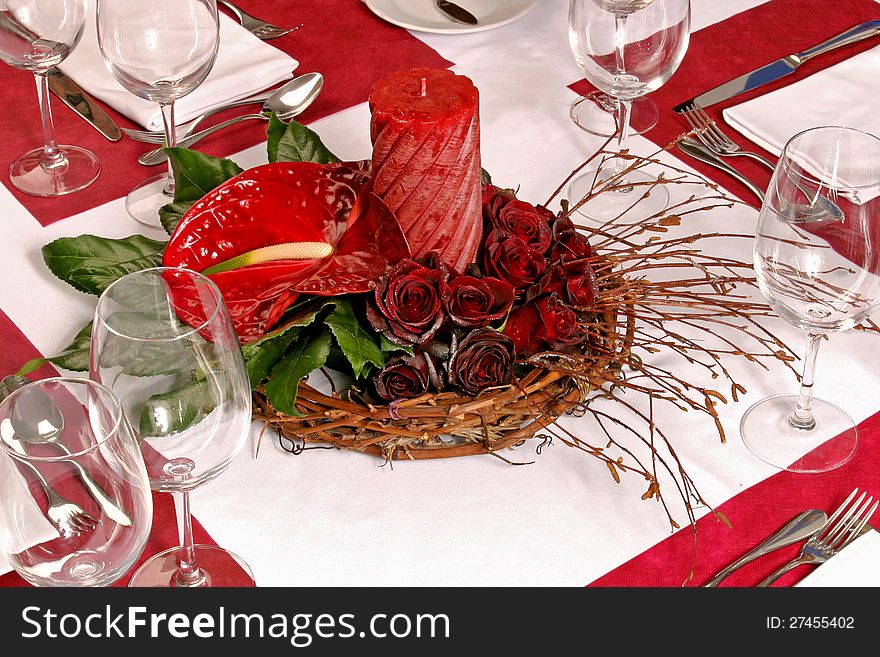 Table With Red Roses And Candle