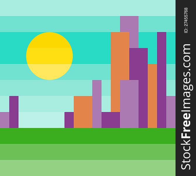 Minimalist color cityscape with the sun in the sky