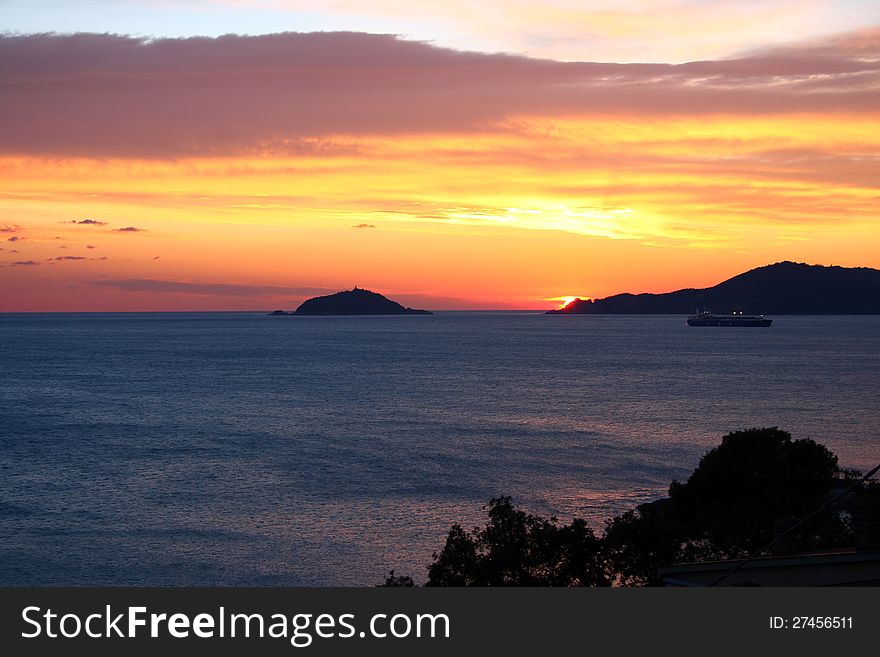 Sunset in Liguria, Tino and Palmaria islands in front of the sea. Sunset in Liguria, Tino and Palmaria islands in front of the sea