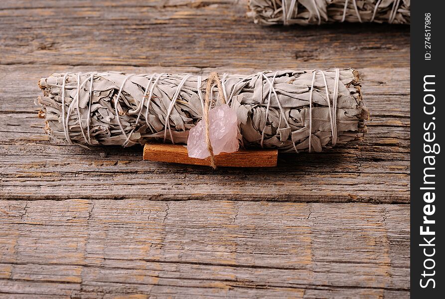 Image Featuring  Bundle Of White Sage, Palo Santo Stick And A Crystal.  Balancing The Soul. Selective Focus, Horizontal Orientatio