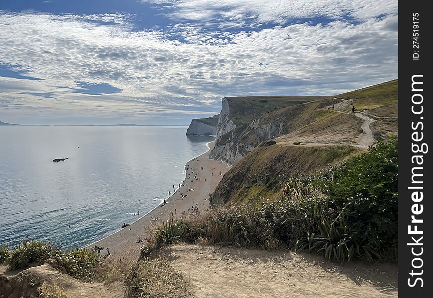 White Cliffs over Jurassic Coast and Durdle Door, Wareham, Dorset, England.