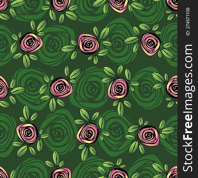 Seamless floral pattern with pink rose flowers and leaves on green background