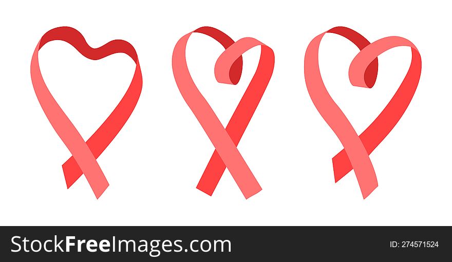 Set Of Red Heart Shaped Gift Ribbons  On A White Background In Flat Style