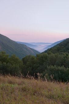 Mountain Valley In The Fog. Vertical. Royalty Free Stock Image Mountain Valley In The Fog. Vertical. Royalty Free Stock Image