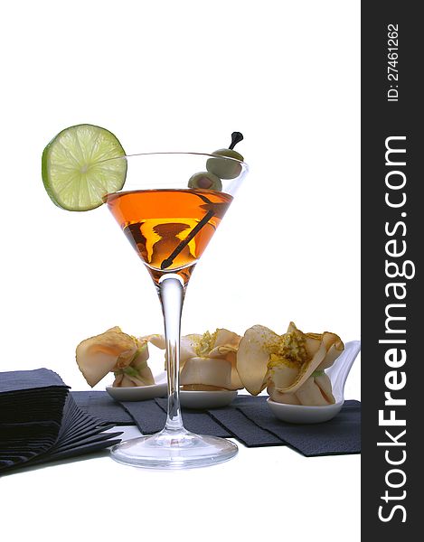 Aperitif with cocktails roulade on a white background