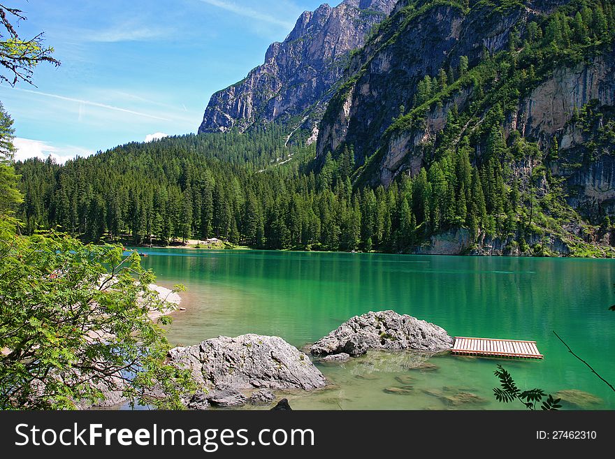 Beautiful, colour lake of Braies in Dolomite Mountains 2 - Italy Europe