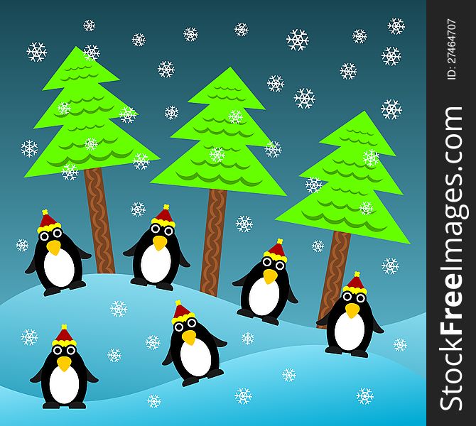 A group of cartoon penguins in a snowy weather for Christmas background use. A group of cartoon penguins in a snowy weather for Christmas background use
