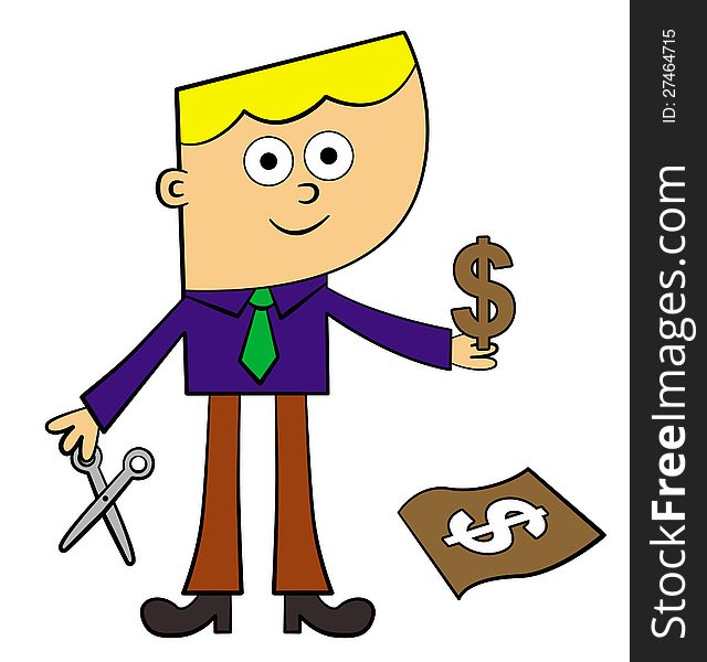 A cartoon business man with a cut out paper dollar and a scissor. A cartoon business man with a cut out paper dollar and a scissor