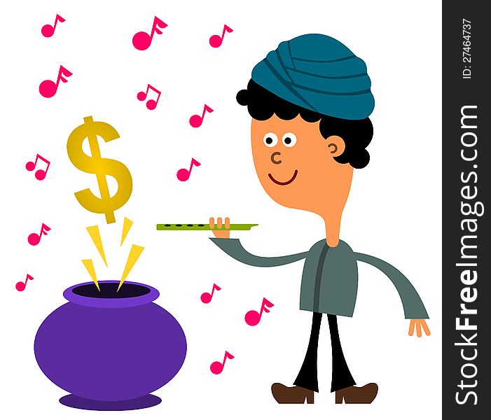 A snake charmer holding a flute and a dollar sign coming out of a pot. A snake charmer holding a flute and a dollar sign coming out of a pot