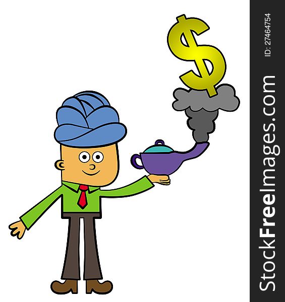 A funny looking business man holding a lamp and a dollar sign coming out of it. A funny looking business man holding a lamp and a dollar sign coming out of it