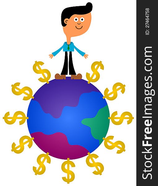 A business man standing on a world and a group of dollar signs surrounds it. A business man standing on a world and a group of dollar signs surrounds it