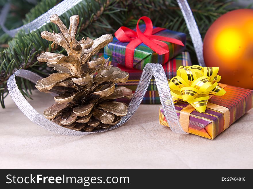 Christmas decoration with gifts on old paper. Christmas decoration with gifts on old paper