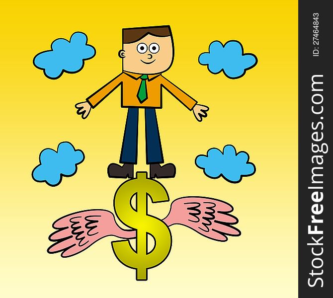 A happy cartoon business man standing on a dollar sign with wings. A happy cartoon business man standing on a dollar sign with wings