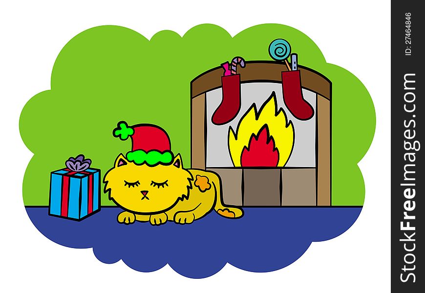 A cute illustration of a sleeping cat with a Santa Claus hat beside a chimney. A cute illustration of a sleeping cat with a Santa Claus hat beside a chimney