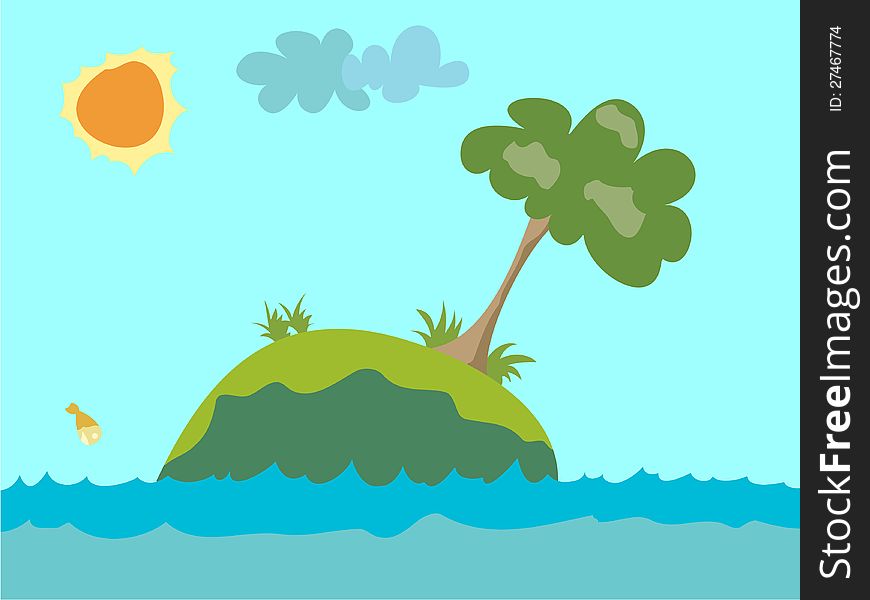 Small island in the middle of the ocean with a tree on it and the sun shines