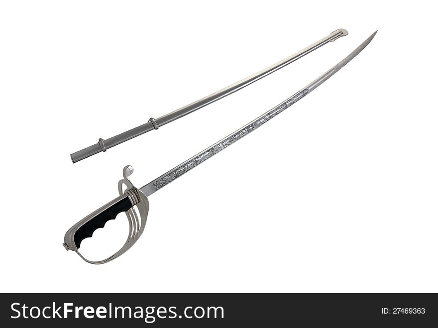 Sabre with metal scabbard isolated on white background