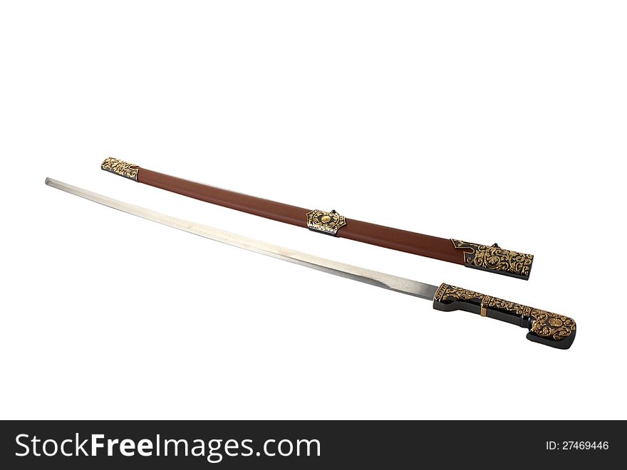 Sabre with leather scabbard isolated on white background