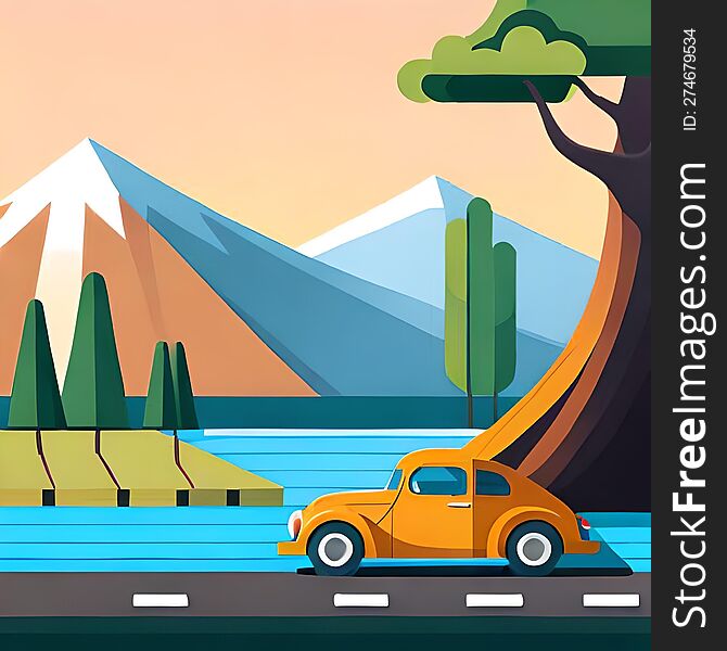 An Illustration Of A Classic Orange VW Car Driving Through Country Roads And Mountains