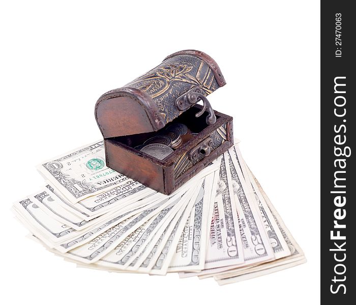 Money in the chest and below the isolated white background