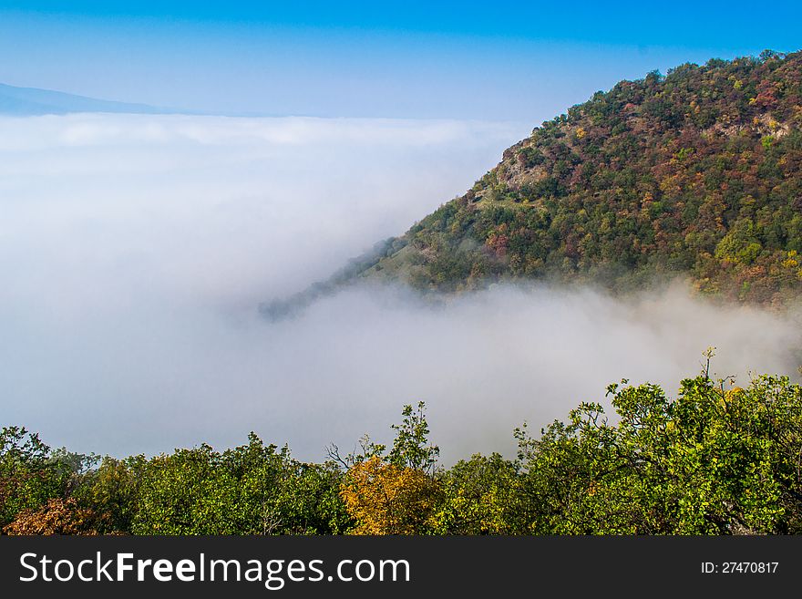 Fog stucked in the valley and hid the view of river Danube. Fog stucked in the valley and hid the view of river Danube