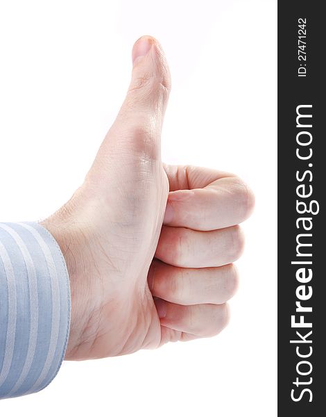 Male hand showing thumbs up or ok sign on white background