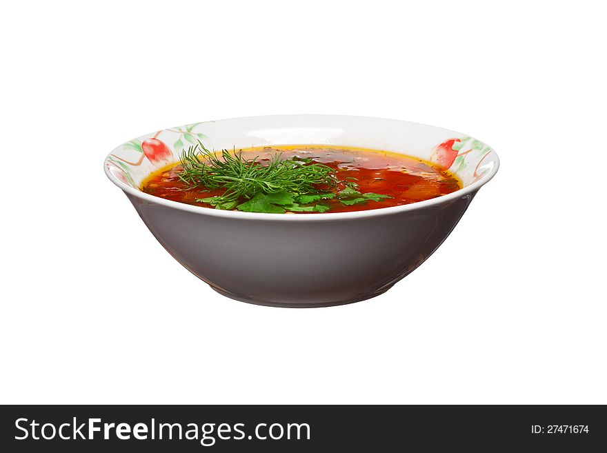 Ukrainian borsch with greens on a white background