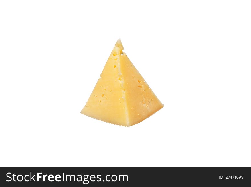 A triangle of cheese on a white background