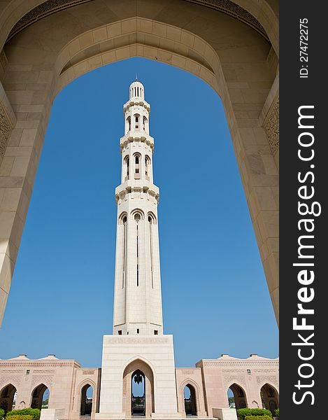 Arched view of the main minaret at the Sultan Qaboos Grand Mosque in Muscat, Oman. Arched view of the main minaret at the Sultan Qaboos Grand Mosque in Muscat, Oman.