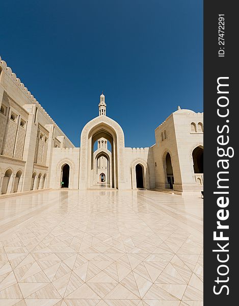 Outside areas at the Sultan Qaboos Grand Mosque in Muscat, Oman. Outside areas at the Sultan Qaboos Grand Mosque in Muscat, Oman.