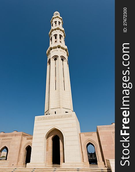 Outside areas at the Sultan Qaboos Grand Mosque in Muscat, Oman. The main minaret is shown. Outside areas at the Sultan Qaboos Grand Mosque in Muscat, Oman. The main minaret is shown.