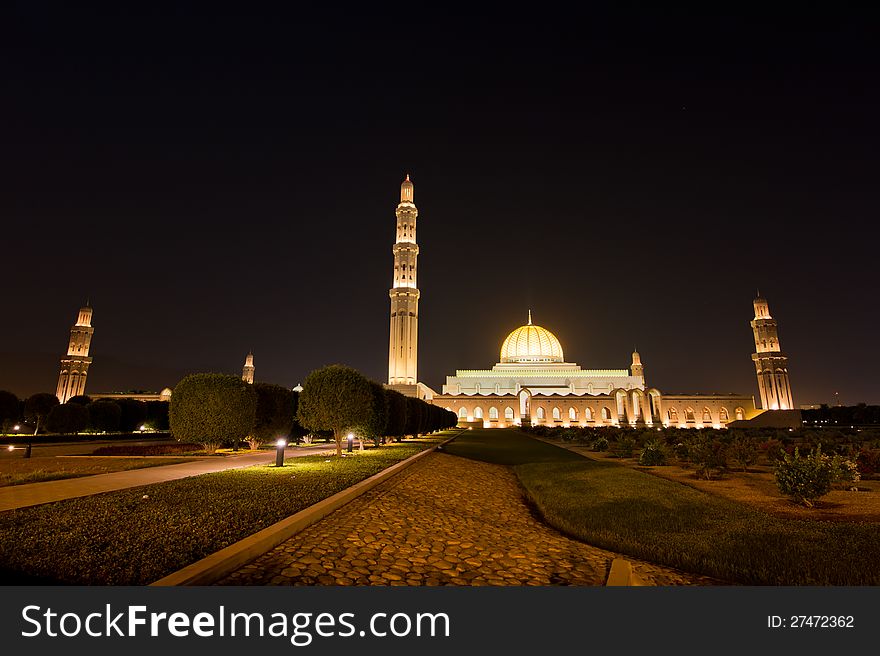 Night shot of the Sultan Qaboos Grand Mosque in Muscat, Oman. Wide angle showing all five minarets. Night shot of the Sultan Qaboos Grand Mosque in Muscat, Oman. Wide angle showing all five minarets.