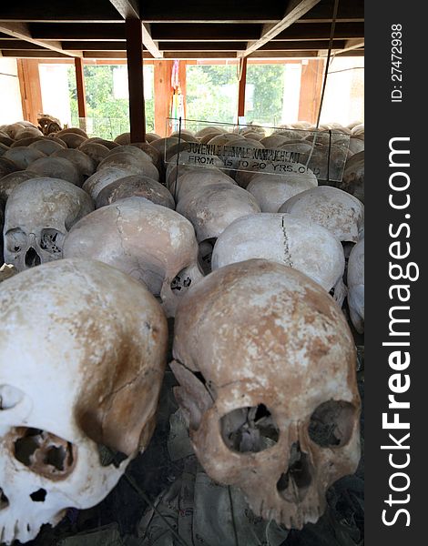 Lots of human skulls at Choeung Ek, Killing Fields, in Phnom Penh, Cambodia