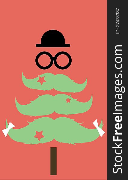 Moustaches Christmas tree greeting card with  hat on red background