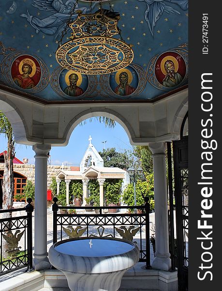 Courtyard with a fountain in the church of the first miracle, Kefar Cana, Israel. Courtyard with a fountain in the church of the first miracle, Kefar Cana, Israel