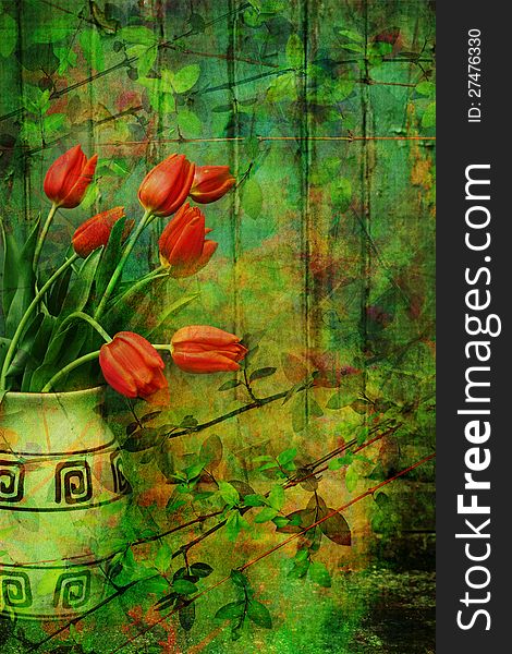Grunge, Spring background with red tulips in the vase